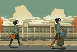 Two women walk across the foreground wearing jackets and pants, carrying small briefcases. In the background is a large school and towering clouds framed by maple trees.