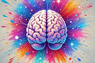 an illustrated brain with explosive positive colors of blue and purple and red behind it