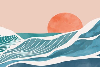 Orange sun with waves in front.