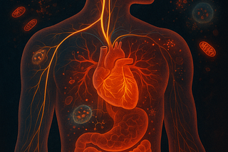 How trauma is stored in the body. Human silhouette with highlighted autonomic nervous system and gut, showing vagus nerve pathways, heart, gut, and muscles with neural/cellular overlays.