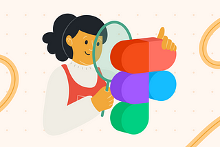 An illustration of a woman inspecting the logo of Figma with a magnifying glass.