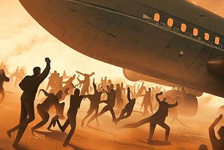 People running in panic under a plane that is ready for takeoff.