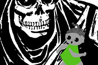 Graphic grip reaper face towering over a kid running scared of dying.