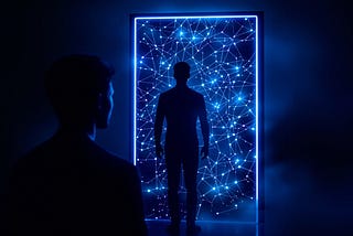 A person stands in a dark room facing a glowing doorway filled with a web of connected blue nodes. On the other side stands a digital silhouette mirroring their form, symbolizing the meeting between human thought and artificial pattern recognition.