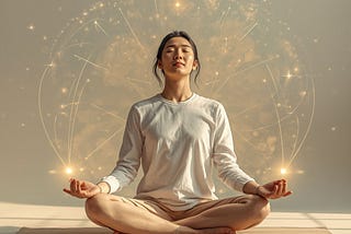 Woman sitting cross-legged in meditation with soft glowing neural pathways and light surrounding her, symbolizing neuroplasticity, mindfulness, emotional healing, and the connection between neuroscience and spirituality.