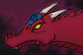 A drawing of the head of a red dragon wearing a blue baseball cap.