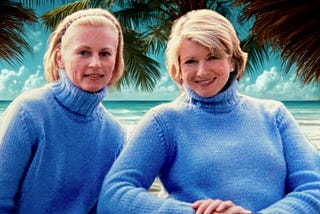 Martha Stewart and her film double wearing matching blue sweaters