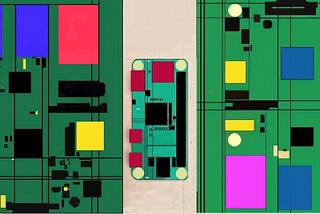 Raspberry Pi art. Abstract triptych based on the innards of three models of the Raspberry Pi computer — the little one is the Zero model