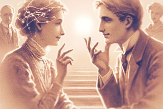 Two individuals in a romantic setting exchanging subtle gestures and glances, symbolizing non-verbal communication in love.