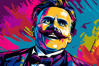 A AI generated pop-art illustration of a happy Friedrich Nietzsche
