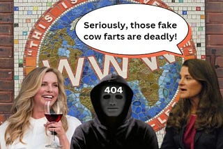 Laurene Powell Jobs, a mysterious figure, and Melinda gates meet in front of a mosaic honoring Tim Berners-Lee and the World Wide Web. Melinda says, “Seriously, those fake cow farts are deadly!”