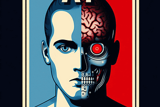 A propaganda poster for “AI, Friend or Foe?” featuring a split view of an android’s head. One half looks human while the other half shows the exposed internal structure of a machine.