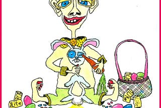 Drawing of a baby sitting on the floor holding a bunny by the neck and sticking a carrot in its eye. Drawing by author