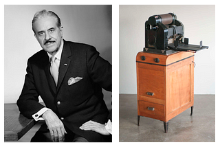 On the left, a professional portrait of Raymond Loewy. On the right, a picture of his famous redesigned Gestetner duplicator machine.