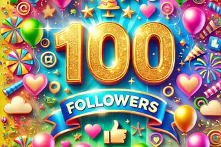 Image with the text “100 followers”. Colorful decorations around the text.