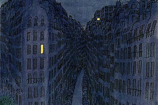 Illustration of a Paris street by night, in blues. Two lighted windows. By Sempé.
