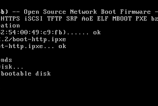 A boot screen with iPXE is booting, calling a http endpoint for further boot instructions and executes them which shows “Hello World” and “Slleping for 5 seconds”