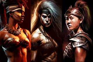 fantasy warrior women, 5 gladiators, digital oil paint, warm colors red and yellow