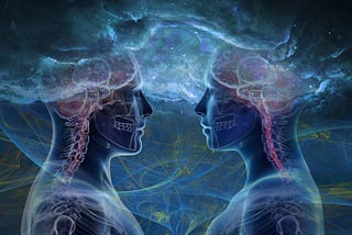 An illustration of a man and a woman face to face. It is like an xray with bluish wisps of smoke are swiring around them.