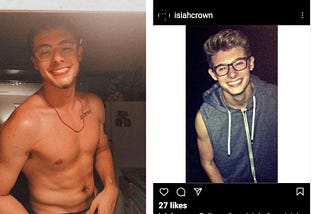 Isiah Crown has been responsible for 7 deaths according to his friends. Here are 2 pictures of him. The lift is a recent picture of Isiah with a shirt off and low rise bottoms. He has a gold chain and tattoo below his left collarbone. He is smiling with a cigarette behind his ear. The right is a pic from 2014. He has on a sleeveless grey hoodie and is again smiling. He wears glasses in both pictures.