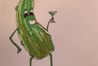 Cartoon pickle drinking a dirty martini (with pickle juice)