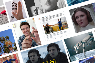 Photos of deepfake examples such as Tom Cruise on TikTok and Carrie Fisher in Rouge One