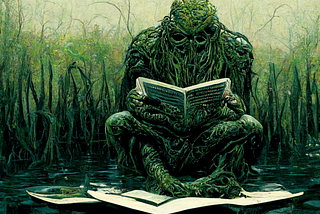 “Swamp thing reading”, image generated from prompt by Midjourney