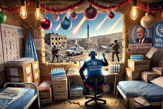 Bohiney News — A dramatic scene set in a war-torn area of Yemen on Christmas morning. The WHO Chief is depicted in a war zone, coordinating human — Satire and Alan Nafzger