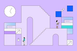 An illustration of two overlapping staircases with a person standing on the floor looking leftwards towards a series of stacked rectangles vaguely representing user interface elements. Another person at the top of one set of stairs looks rightwards towards another series of stacked rectangles that vaguely represent user interface elements. A large clock sits in the top left corner.
