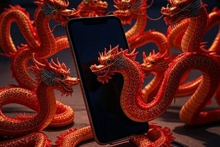 Image of Chinese dragons surrounding a smartphone