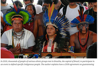 An image 3 people in traditional dress who took part in a 2019 meeting of indigenous people which drew thousands, in Brazil.
