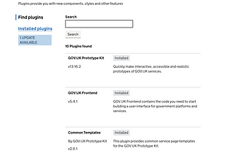 Example of GOVUK prototype kit plugin install screen showing what you can install by default
