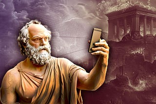 Socrates standing in front of a burning Parthenon while using a smartphone.