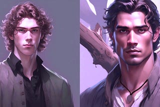 Left is Jayden, a man in his twenties with curly brown hair and green eyes. Right is Maxwell, a man in his early thirties with dark hair, obsidian eyes and a driftwood complexion.