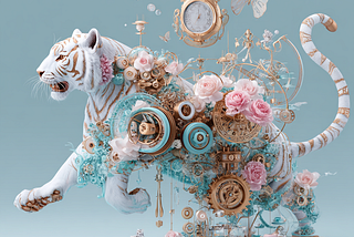 Workflow automation tool visualized as a clockwork tiger running creative tasks, pastel steampunk environment, for digital creators”