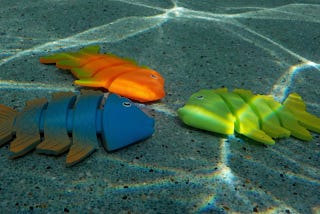 Three fish toys sitting on the bottom of the pool