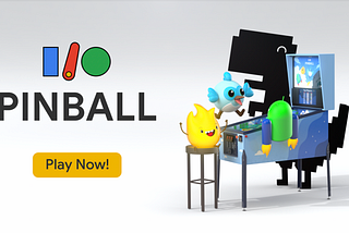Flutter’s Dash, Android Jetpack, Chrome Dino, and Firebase’s Sparky gathering around a pinball machine.