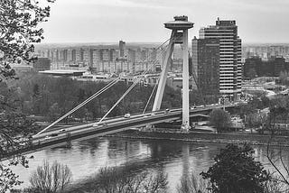 black and white photo of a bridge- Danube River