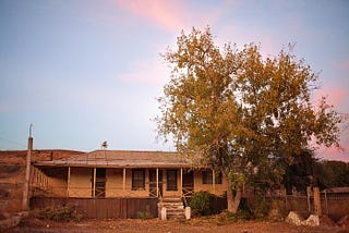 A picture of a small abandoned house in the mining town of Cananea, Mexico at sunset. The sky is blue with tints of rose, it’s about to get dark. The house has an old crooked roof and is boarded up. In front of it a big tree is doused with the last light of the golden hour. The ground around is dry and light brown.