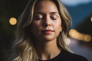 A young woman with eyes closed in contentment and peace