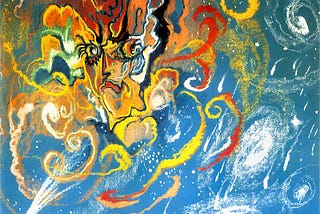 This is an abstract painting by Stanisław Ignacy Witkiewicz’s called “Nova Aurigae.” It looks like a fluid mixture of colors with many swirls or spirals and there’s something that looks vaguely like a face emerging from the chaos.