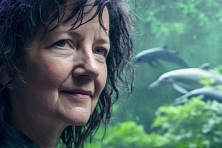 Desiree Driesenaar, the founder of the sense and sciences thinktank abundanism.com, is portrayed in an AI picture made by Bee Wild in Night Cafe. There is a green background with flying dolphins.