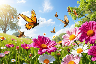 an AI image of a summer meadow with pink daisies a varied hugs all over plus butterflies, bees and humming birds