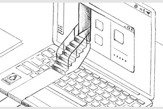 An early sketch of the header used in the official 1Password for Linux launch post. A red carpet is laid out across the keyboard of a laptop with stairs leading up into our new app running on Linux.