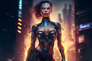 Midjourney prompt: full body portrait of a super intelligent AI in female physical form, incredibly beautiful, in cyber city — ar 3:2 — q 2 — upbeta — v 4