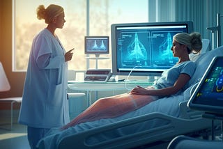 A nurse reassures a patient about the results showing on a large screen