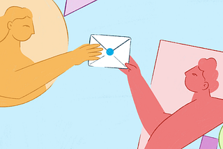 Illustration of two people facing each other, holding either side of a closed envelope.