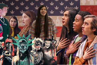 The main characters of the Binge stare at themselves in “Booksmart” with some Purge people below them in front of the US flag