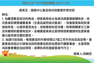 陽光山林 110 年度區權會提案五：簽呈核決與會簽作業流程