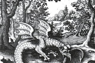 A winged serpent, dragon-like, bites it own tail in a clearing amidst trees. Black and white drawing.